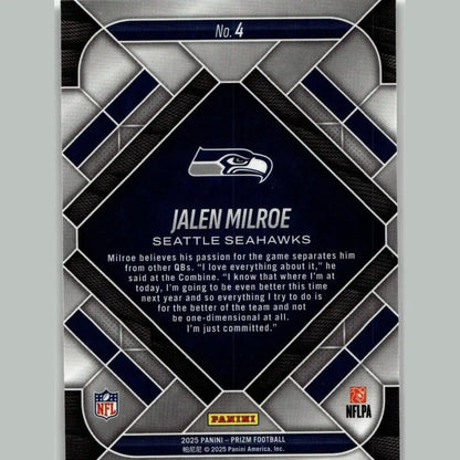 Dark navy and silver geometric pattern panini prizm trading card featuring seattle seahawks jalen milroe emergent text
