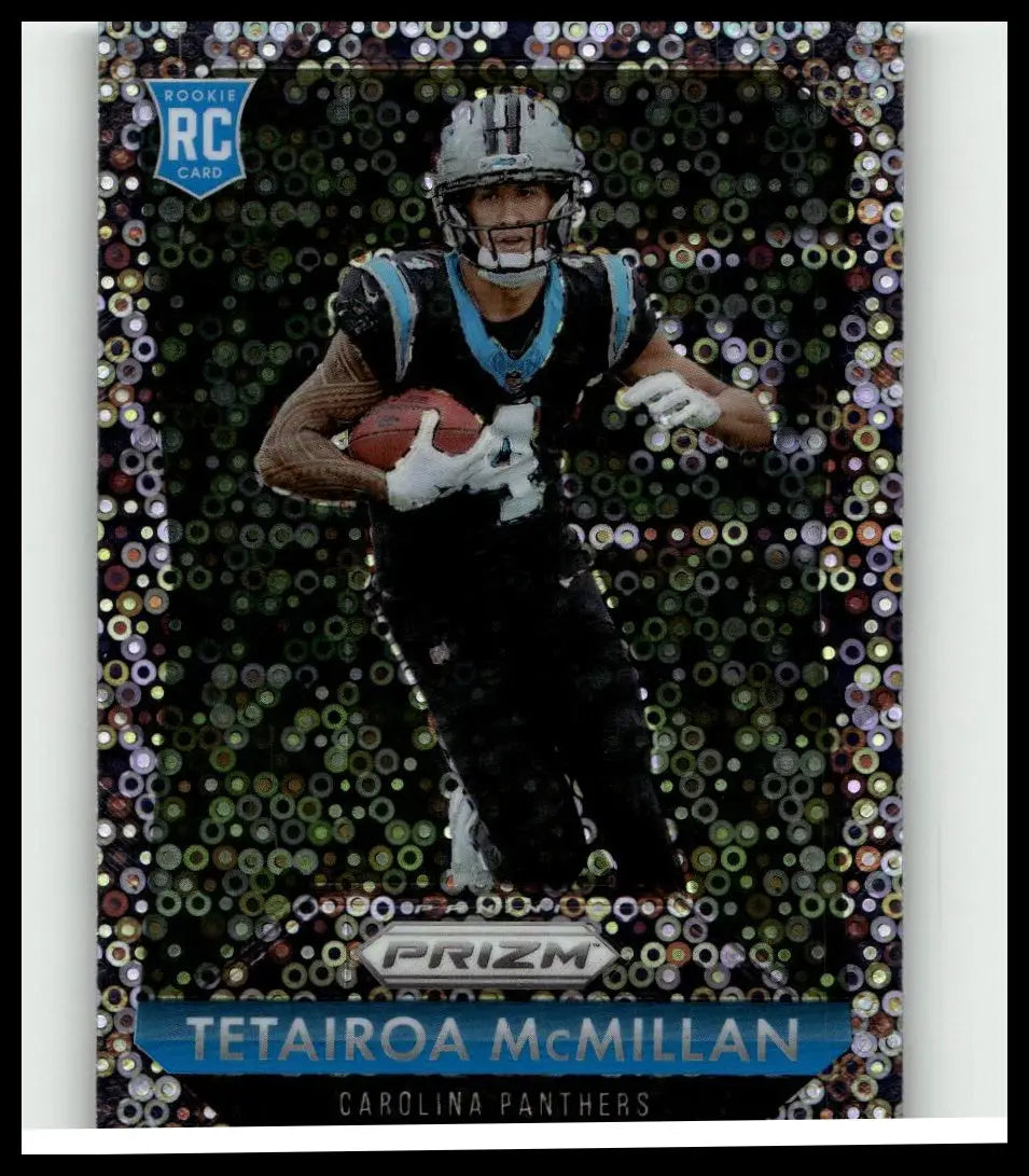 A shimmering black and teal carolina panthers rookie rc trading card featuring tetairoa mcmillan flashback in a prismatic border
