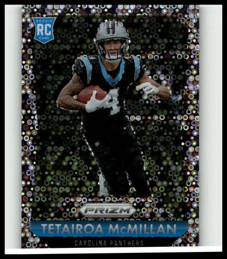 A shimmering black and teal carolina panthers rookie rc trading card featuring tetairoa mcmillan flashback in a prismatic border