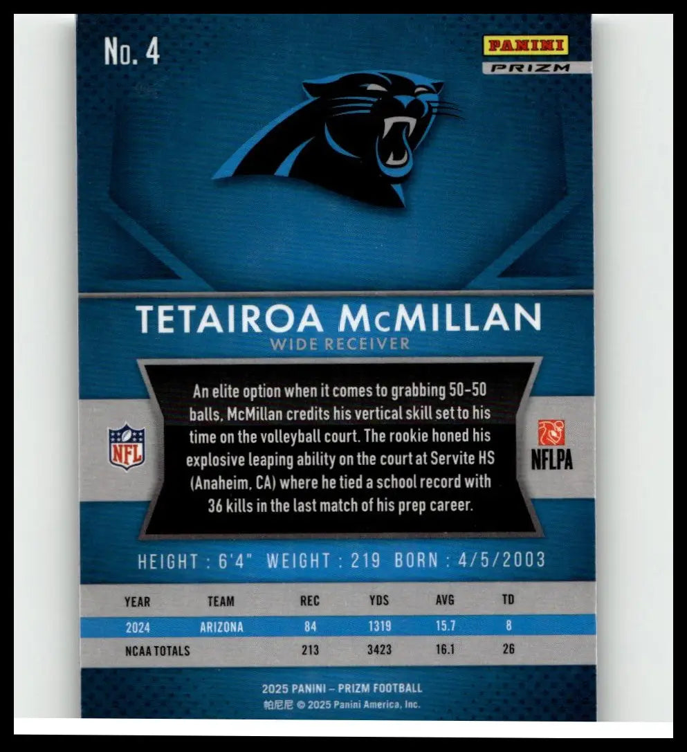 Blue and black panini prizm football trading card featuring the carolina panthers logo tetairoa mcmillan flashback rookie prizm