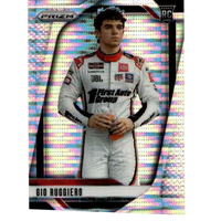 A shimmering holographic 2025 panini prizm gio ruggiero pulsar trading card featuring the driver in a white racing suit