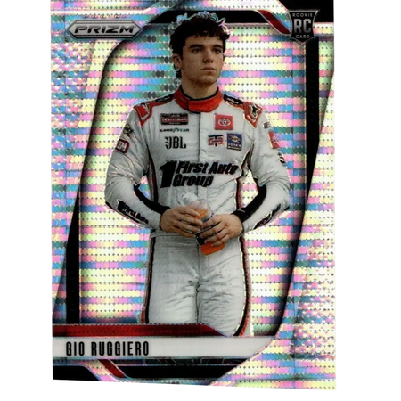 A shimmering holographic 2025 panini prizm gio ruggiero pulsar trading card featuring the driver in a white racing suit