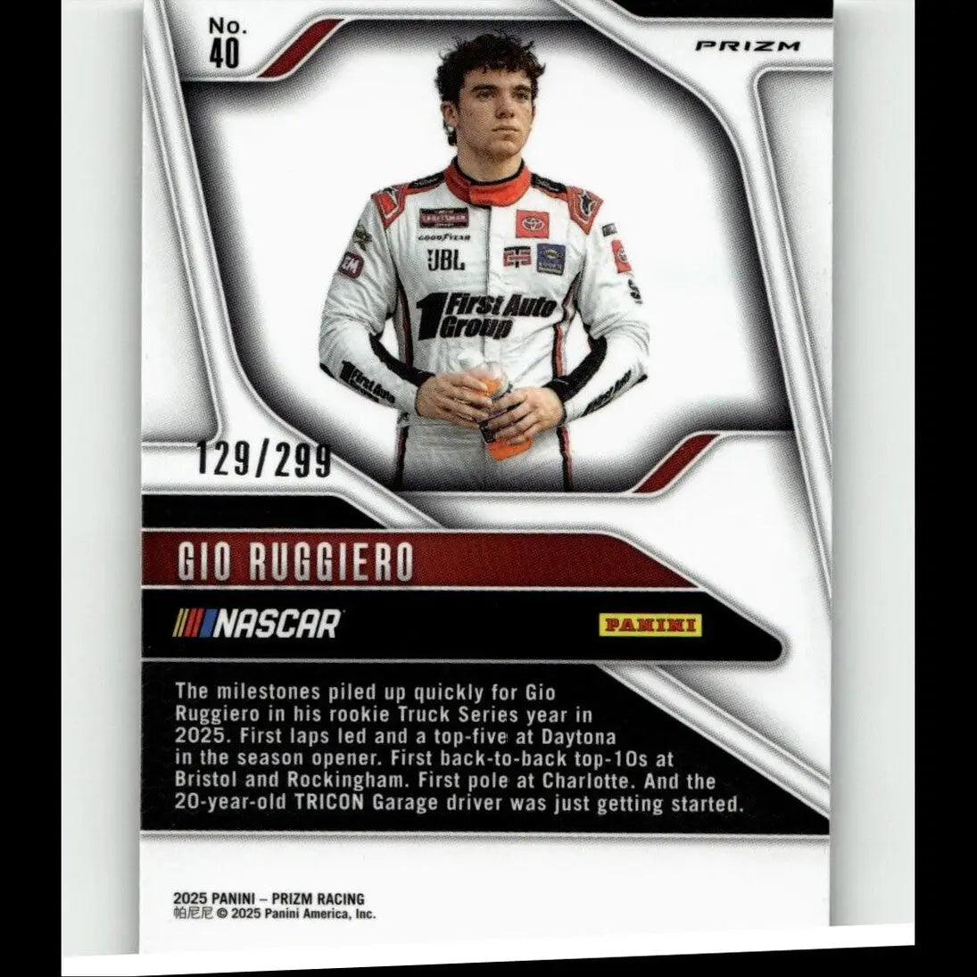 White and red racing suit with black accents worn by gio ruggiero featured in 2025 panini prizm pulsar card