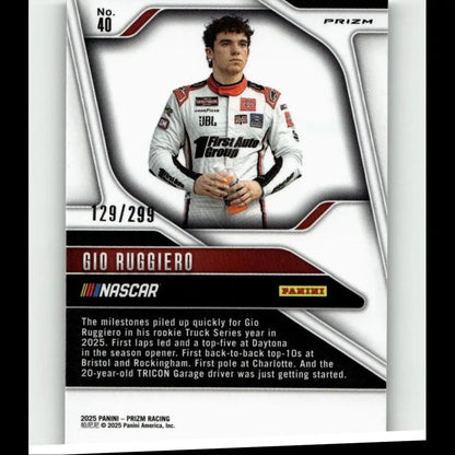 White and red racing suit with black accents worn by gio ruggiero featured in 2025 panini prizm pulsar card