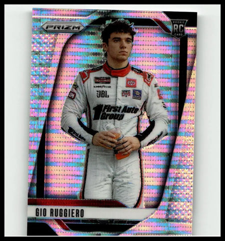 Shimmering holographic 2025 panini prizm gio ruggiero pulsar trading card in white and red racing suit #40 limited 299