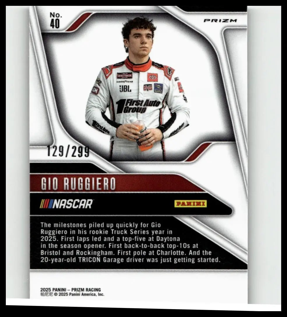 White and red 2025 panini prizm #40 gio ruggiero pulsar nascar trading card featuring gio ruggiero in racing suit