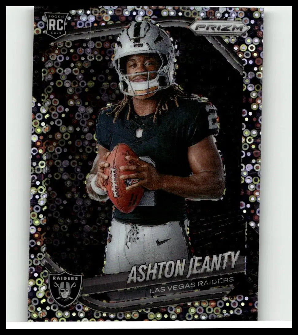 Silver and black panini prizm 2025 rookie card featuring las vegas raiders quarterback ashton jeanty holding football