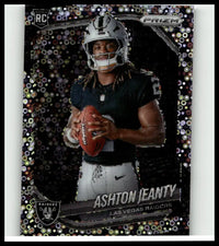Silver and black panini prizm 2025 rookie card featuring las vegas raiders quarterback ashton jeanty holding football