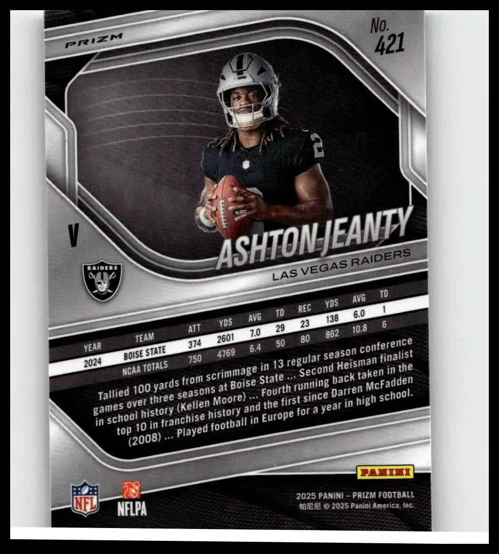 Silver and black 2025 panini prizm football trading card featuring las vegas raiders ashton jeanty action figure