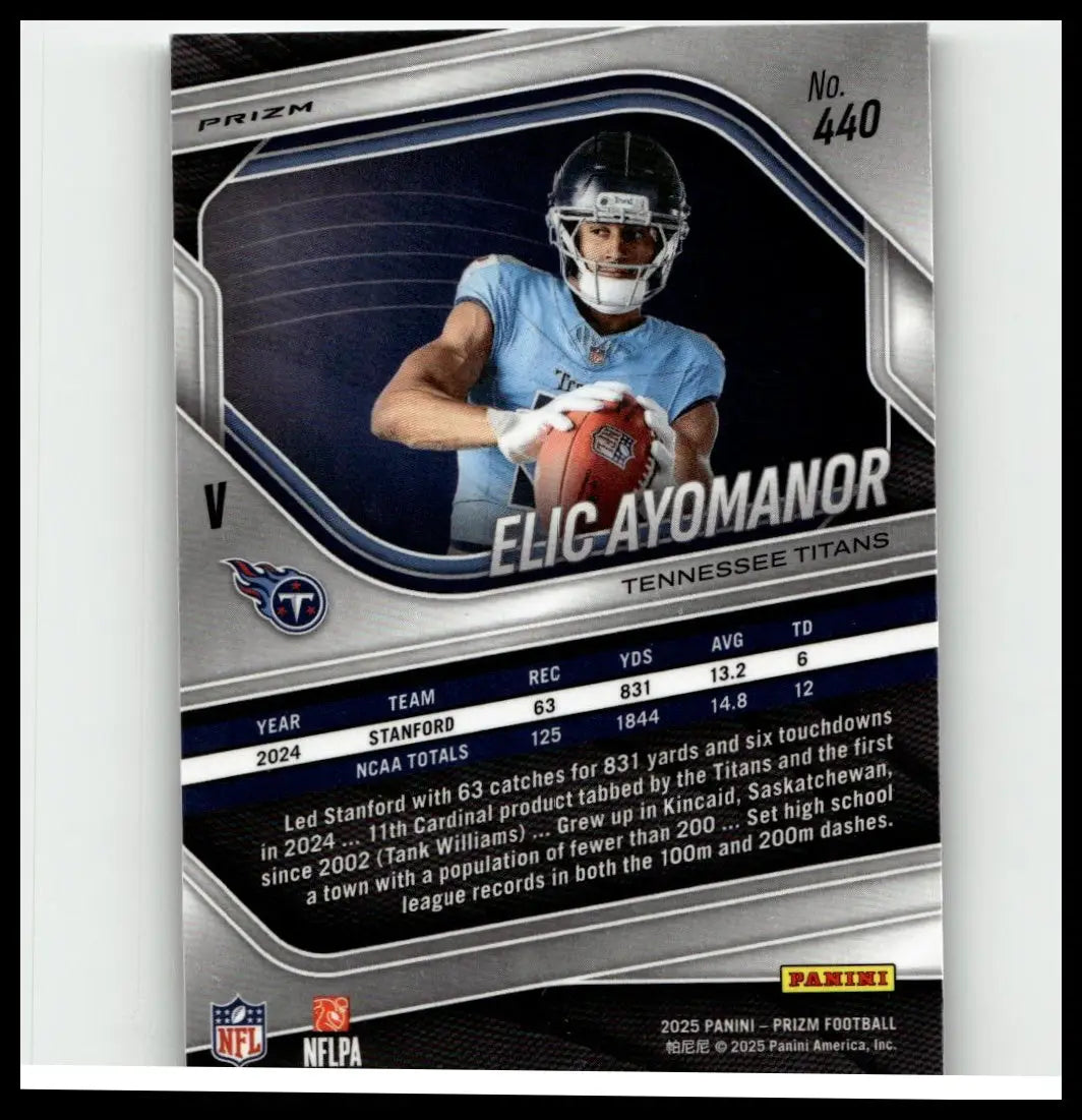 Silver and black 2025 panini prizm football trading card featuring elic ayomanor in light blue titans jersey holding football