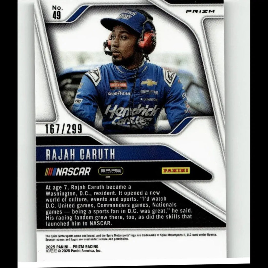 Blue racing suit with sponsor logos and matching cap worn by nascar driver rajah caruth in 2025 panini prizm pulsar card