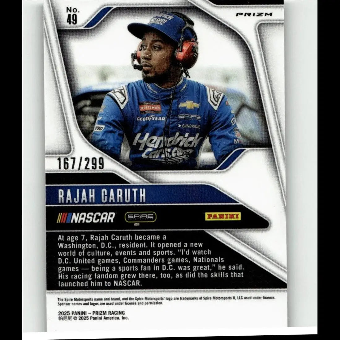 Blue racing suit with sponsor logos and matching cap worn by nascar driver rajah caruth in 2025 panini prizm pulsar card
