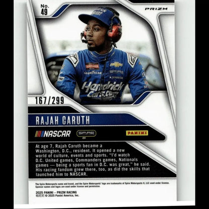 Blue racing suit with sponsor logos and matching cap worn by nascar driver rajah caruth in 2025 panini prizm pulsar card