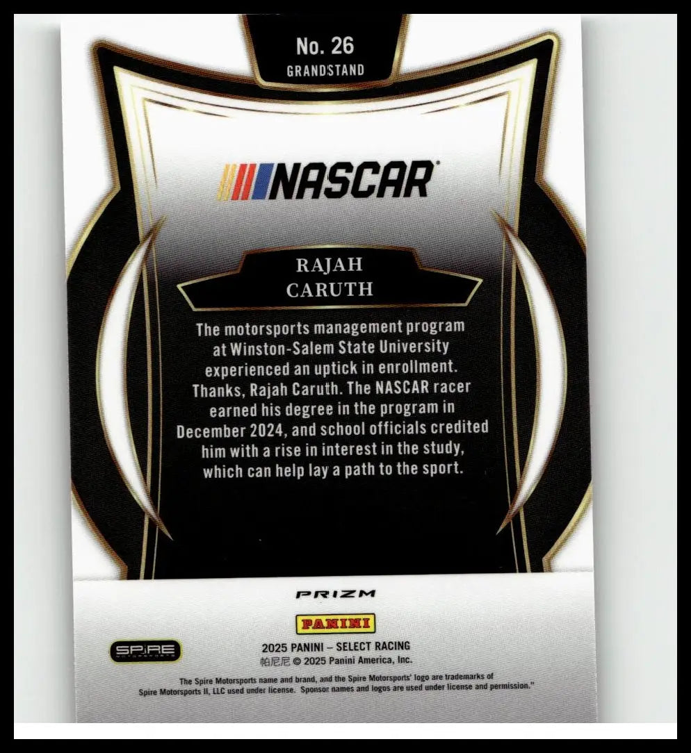 Black and gold nascar trading card featuring rajah caruth pulsar with glossy finish shield design from 2025 panini prizm