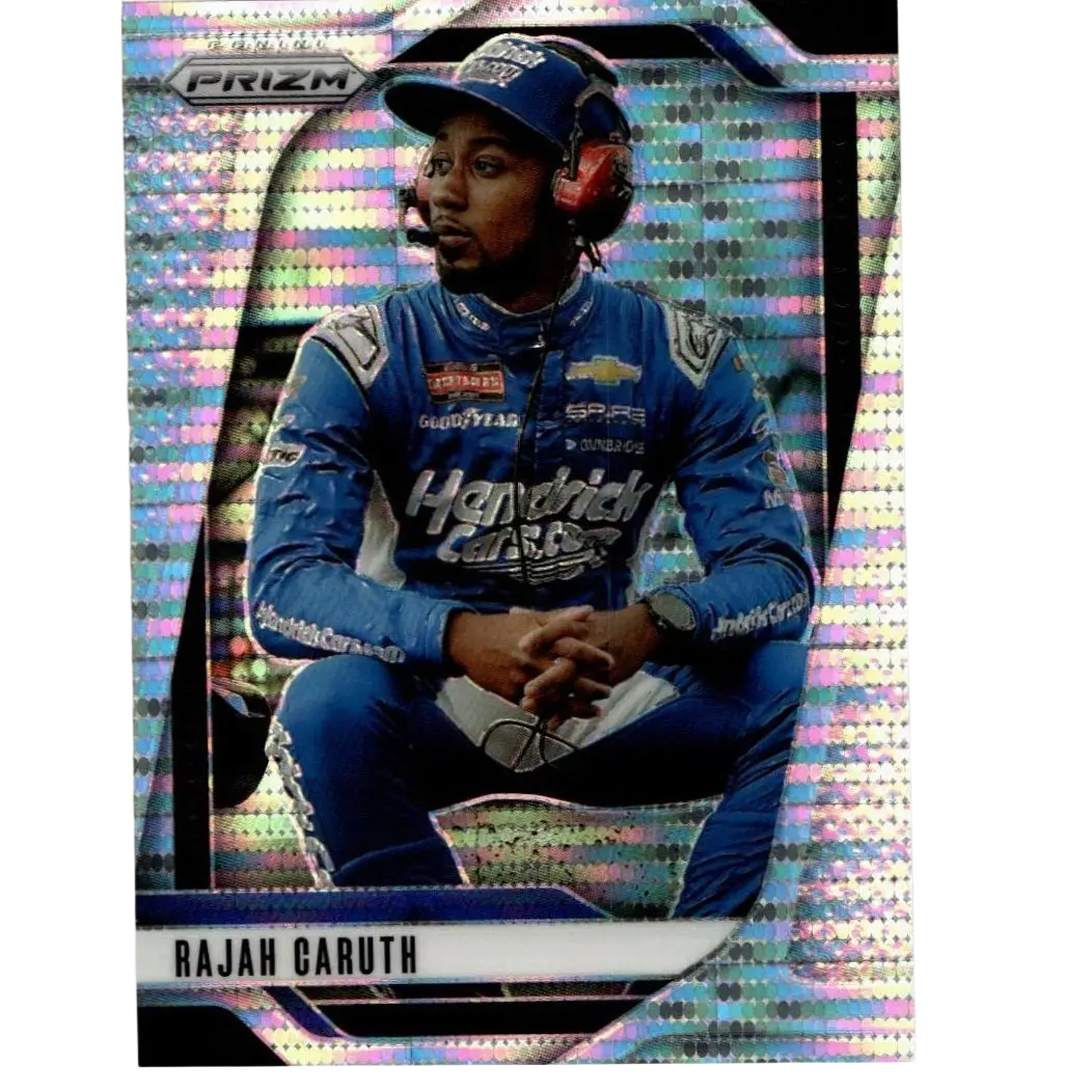 Blue and white racing suit worn by nascar driver rajah caruth on holographic 2025 panini prizm rajah caruth pulsar card
