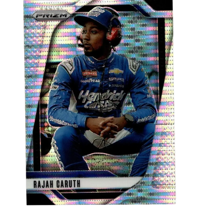 Blue and white racing suit worn by nascar driver rajah caruth on holographic 2025 panini prizm rajah caruth pulsar card