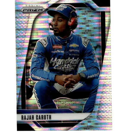 Blue and white racing suit worn by nascar driver rajah caruth on holographic 2025 panini prizm rajah caruth pulsar card