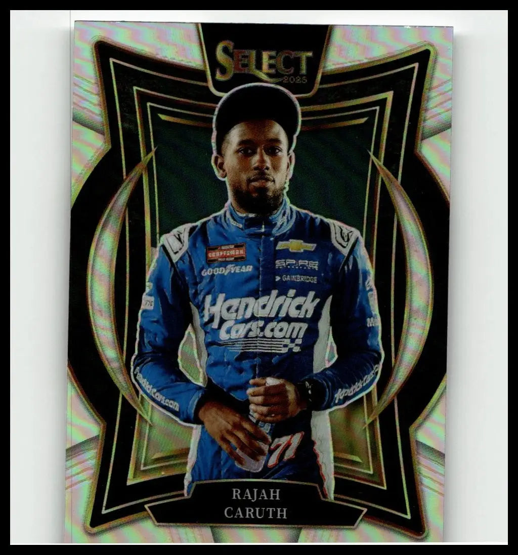 Blue and white racing suit with sponsor logos worn by nascar driver rajah caruth in 2025 panini prizm pulsar card