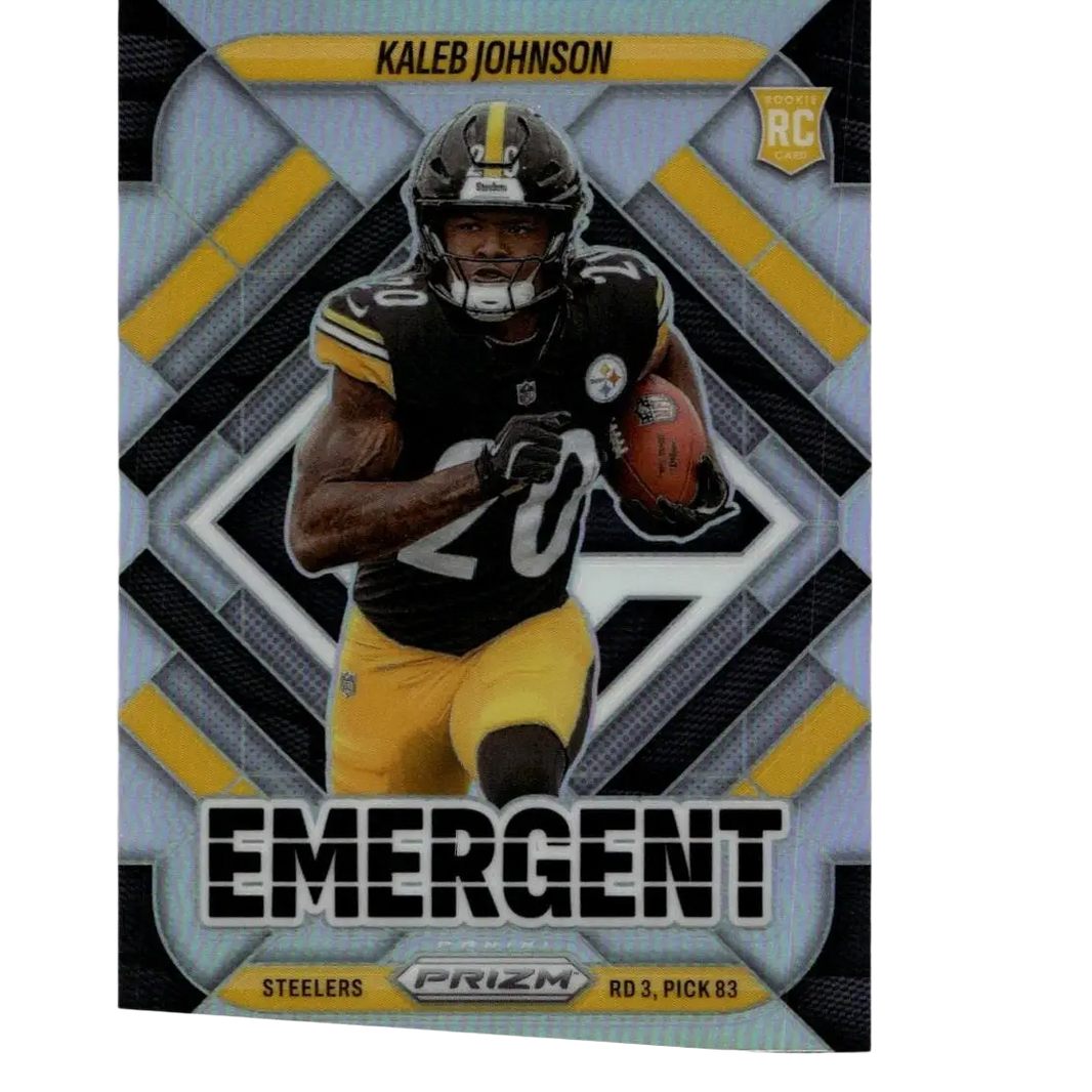 Black and yellow 2025 panini prizm football card featuring rookie running back kaleb johnson emergent in action