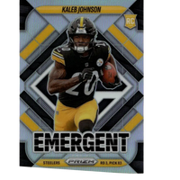Black and yellow 2025 panini prizm football card featuring rookie running back kaleb johnson emergent in action