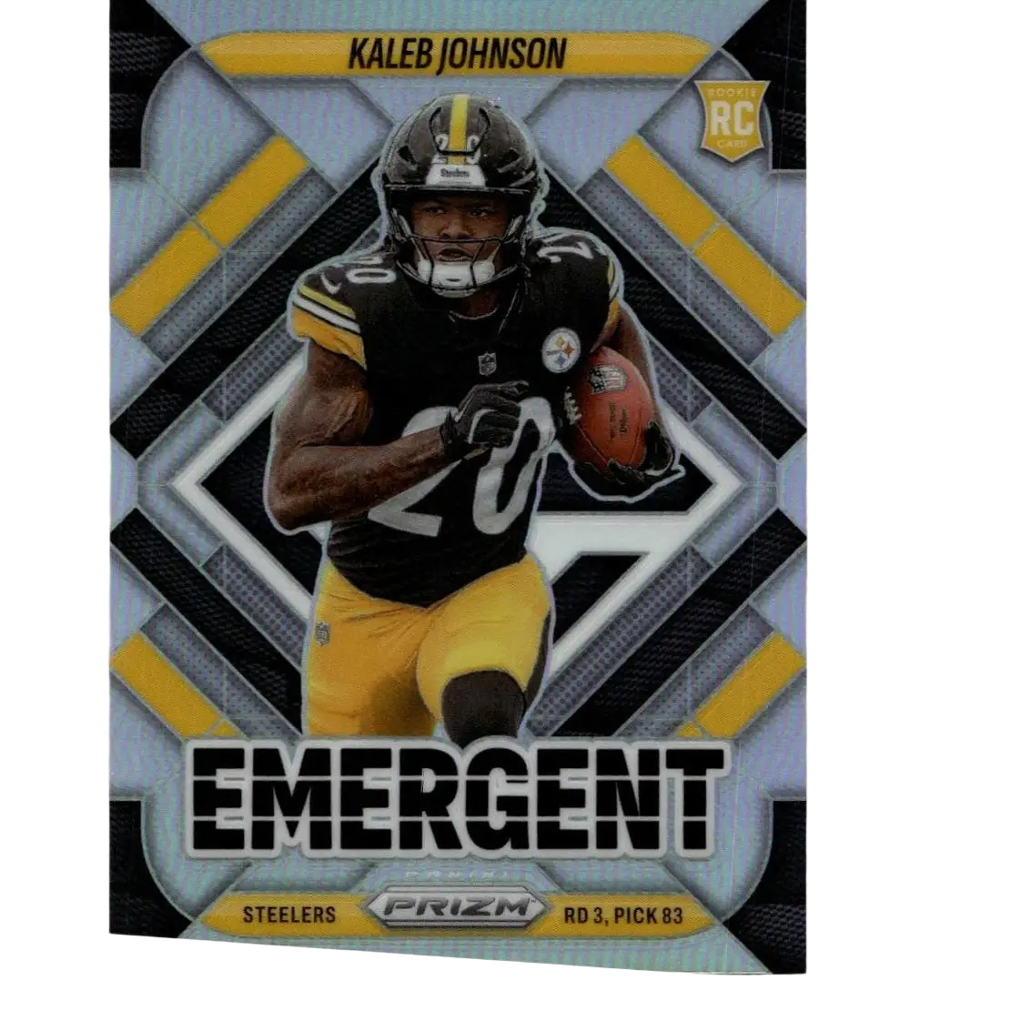 Black and yellow 2025 panini prizm football card featuring rookie running back kaleb johnson emergent in action