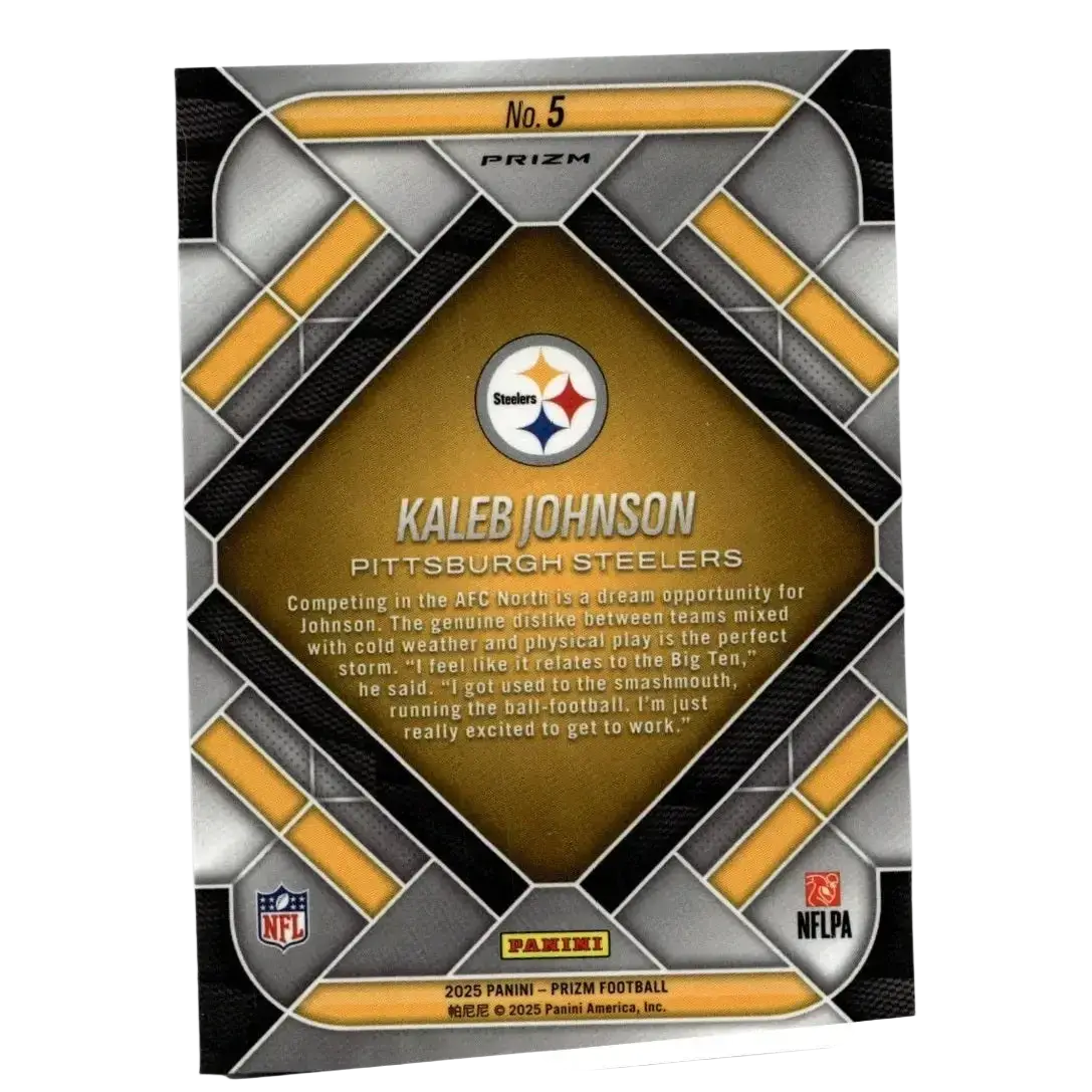 This is the back of a 2025 Panini Prizm kaleb johnson emergent card with metallic silver and gold geometric design