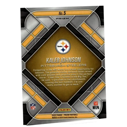 This is the back of a 2025 Panini Prizm kaleb johnson emergent card with metallic silver and gold geometric design