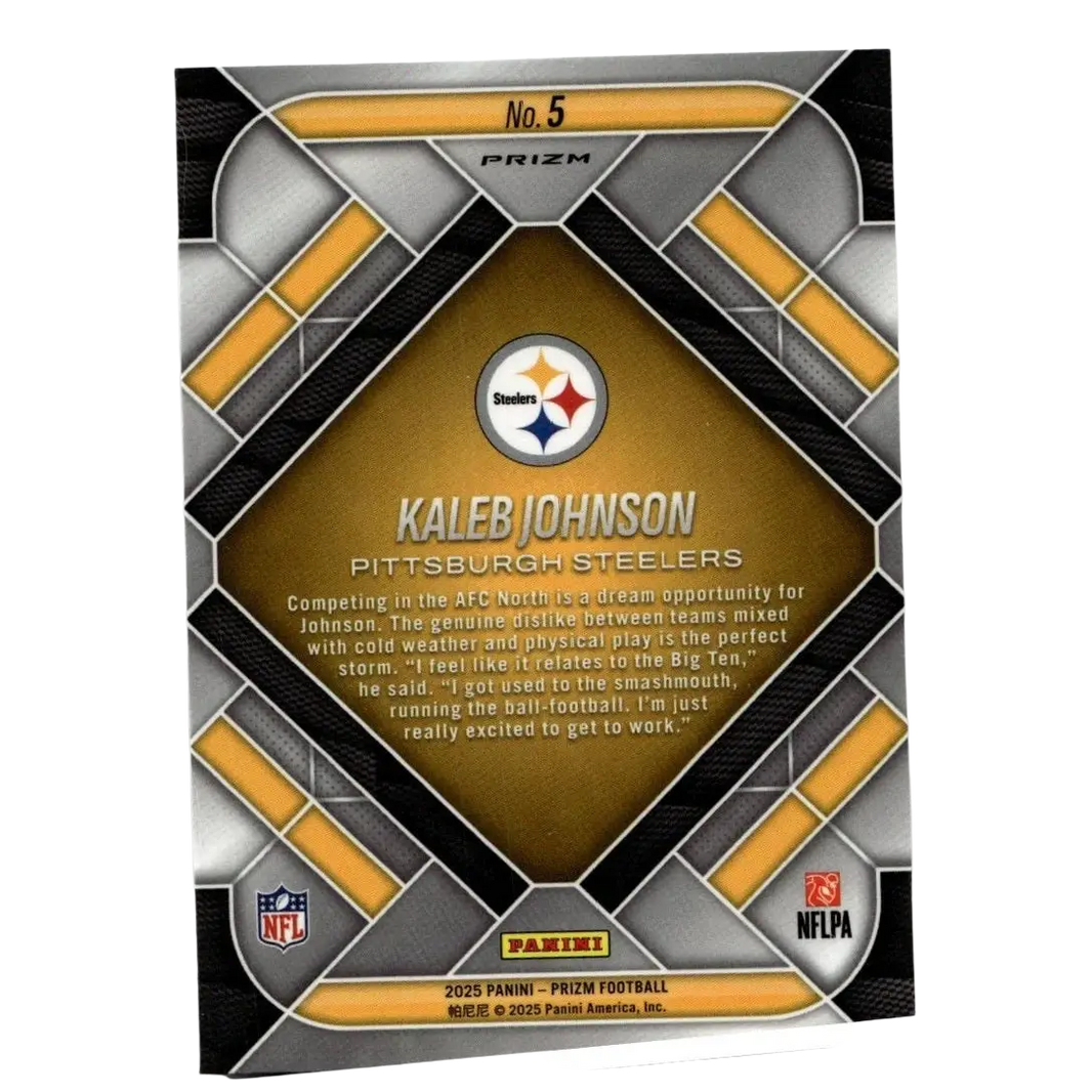 This is the back of a 2025 panini prizm kaleb johnson emergent football card with metallic silver and gold design