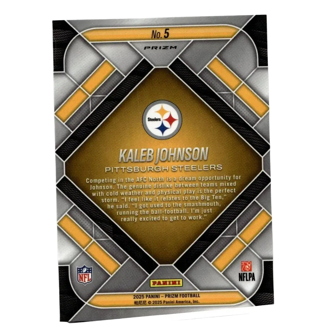 This is the back of a 2025 panini prizm kaleb johnson emergent football card with metallic silver and gold design