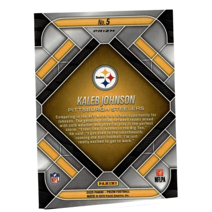 This is the back of a 2025 panini prizm kaleb johnson emergent football card with metallic silver and gold design