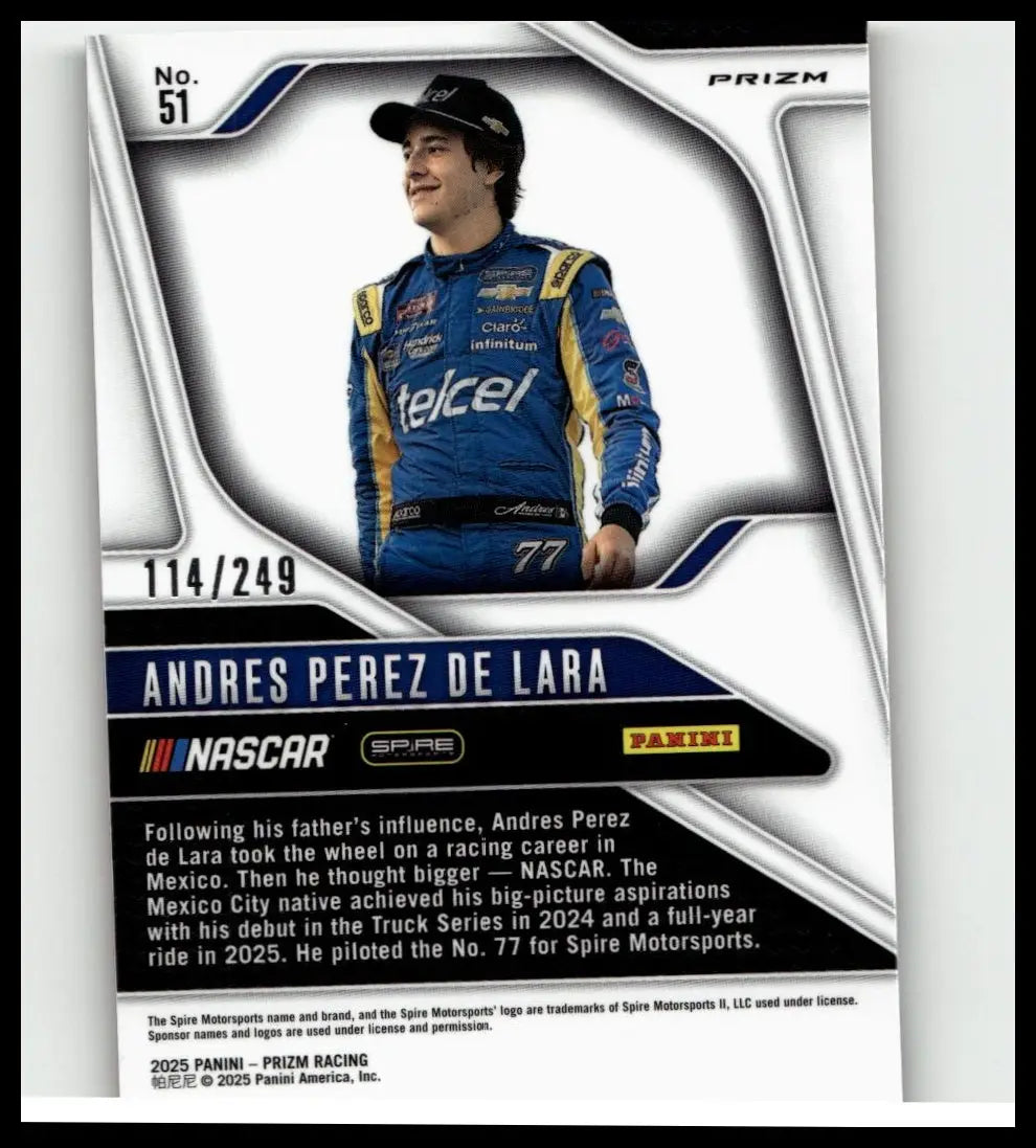 Blue and yellow racing suit with sponsor logos worn by driver andres perez de lara in 2025 panini prizm lara red card