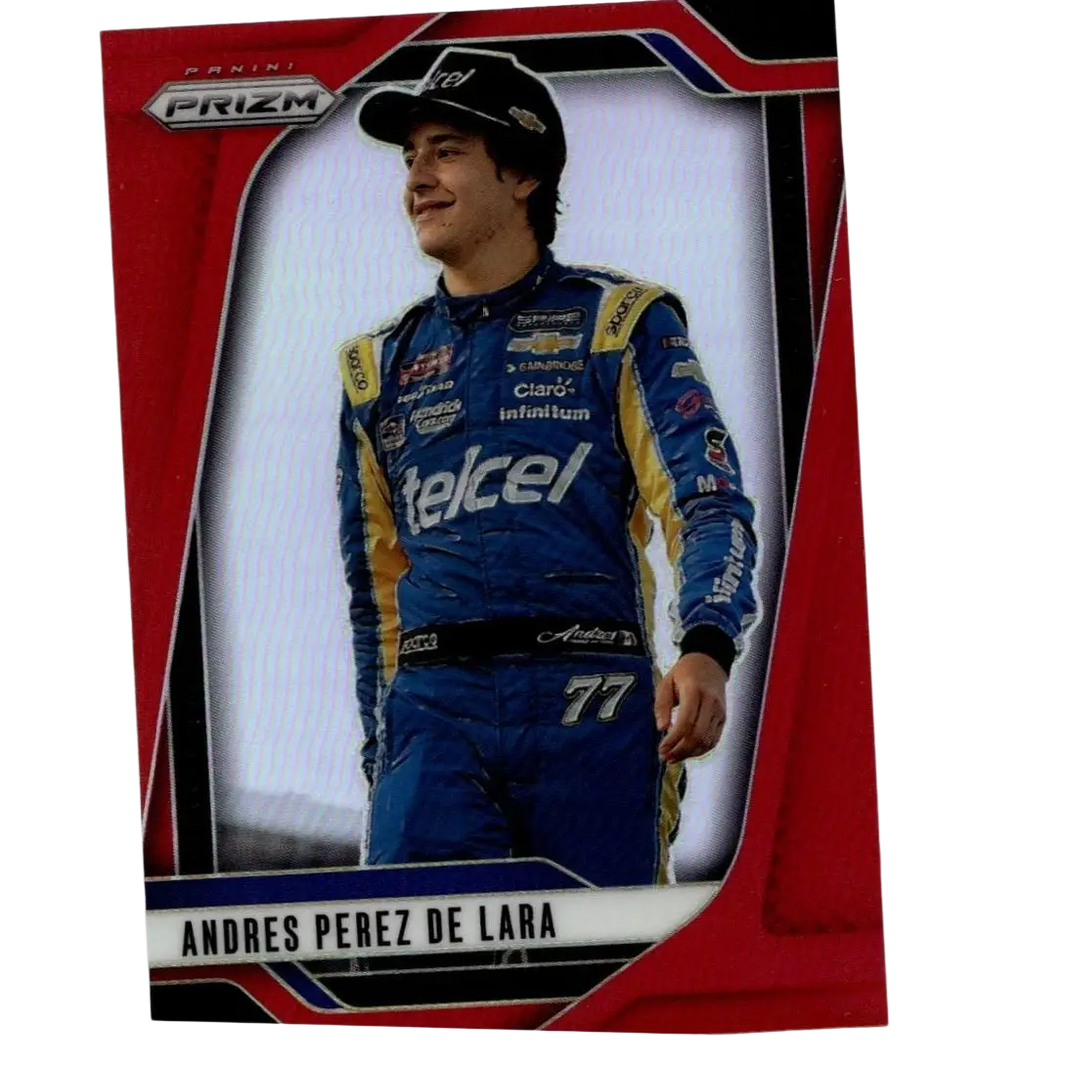 Blue and yellow racing suit with sponsor logos worn by andres perez on 2025 panini prizm lara red trading card