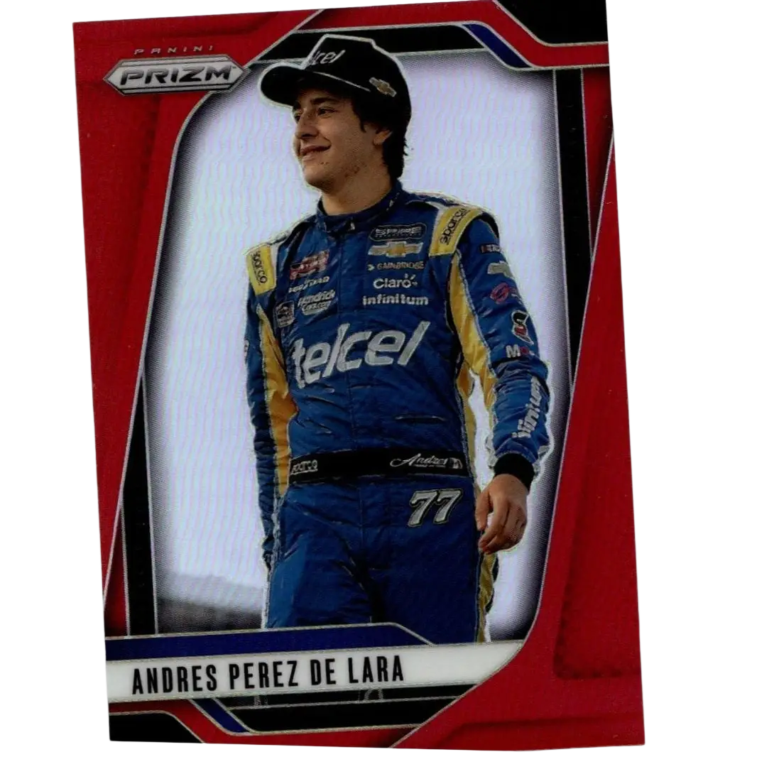 Blue and yellow racing suit with sponsor logos worn by andres perez on 2025 panini prizm lara red trading card