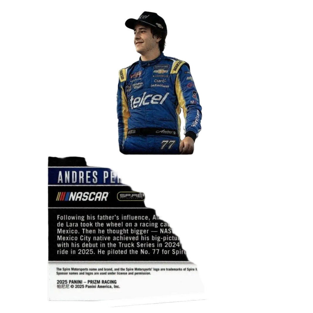 Blue and yellow racing suit with sponsor logos worn by driver andres perez in 2025 panini prizm lara red card