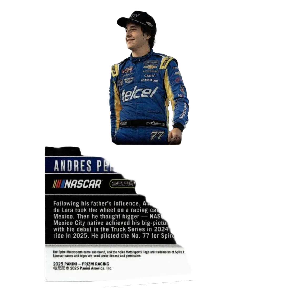Blue and yellow racing suit with sponsor logos worn by driver andres perez in 2025 panini prizm lara red card