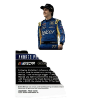 Blue and yellow racing suit with sponsor logos worn by driver andres perez in 2025 panini prizm lara red card