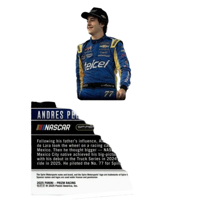 Blue and yellow racing suit with sponsor logos worn by driver andres perez in 2025 panini prizm lara red card