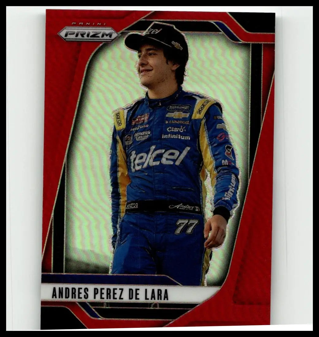Blue and yellow racing suit with sponsor logos worn by driver andres perez in 2025 panini prizm lara red card