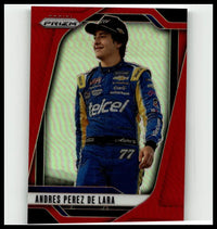 Blue and yellow racing suit with sponsor logos worn by driver andres perez in 2025 panini prizm lara red card
