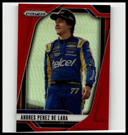 Blue and yellow racing suit with sponsor logos worn by driver andres perez in 2025 panini prizm lara red card