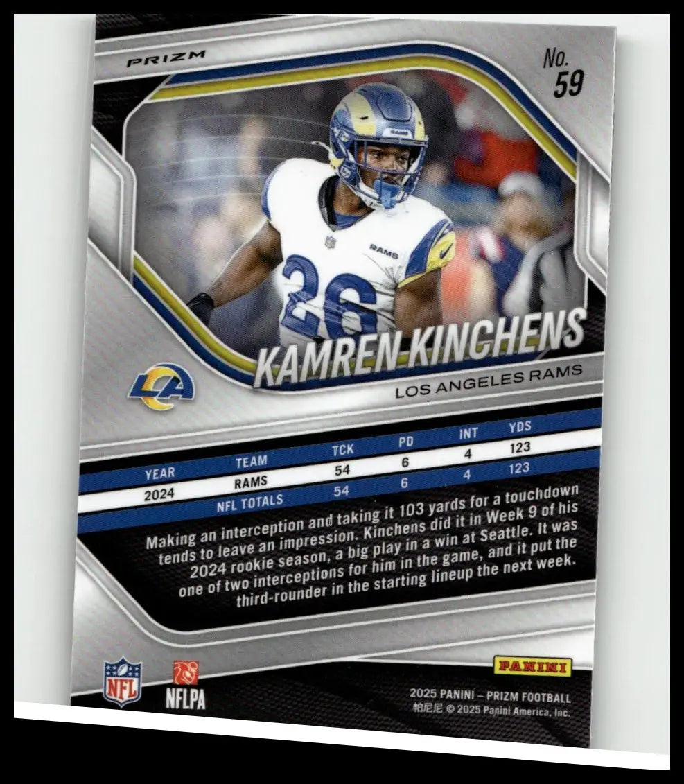 Silver and blue los angeles rams football trading card featuring kamren kinchens in team uniform from 2025 panini prizm