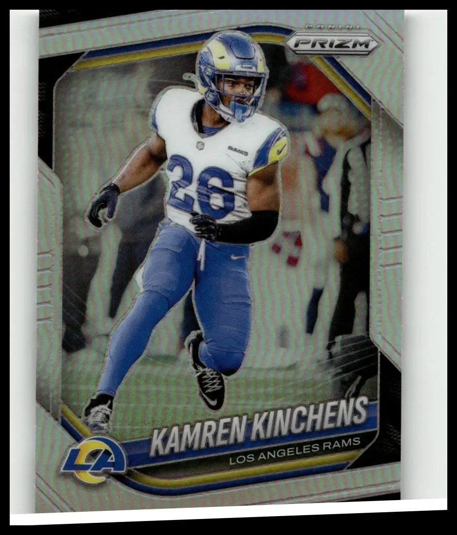 Blue and white los angeles rams football card featuring kamren kinchens in uniform from 2025 panini prizm silver