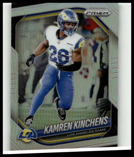 Blue and white los angeles rams football card featuring kamren kinchens in uniform from 2025 panini prizm silver