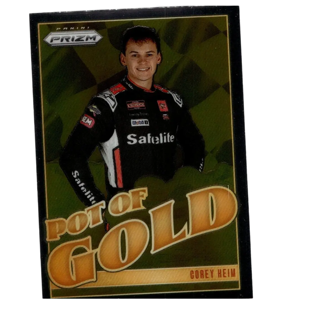 2025 panini prizm pot of gold trading card featuring nascar driver corey heim in black white and red suit