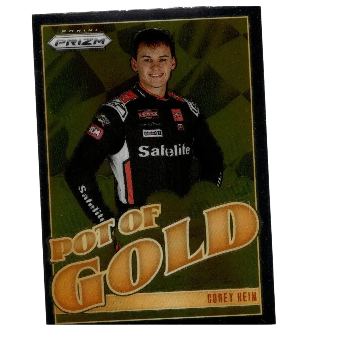 2025 panini prizm pot of gold trading card featuring nascar driver corey heim in black white and red suit