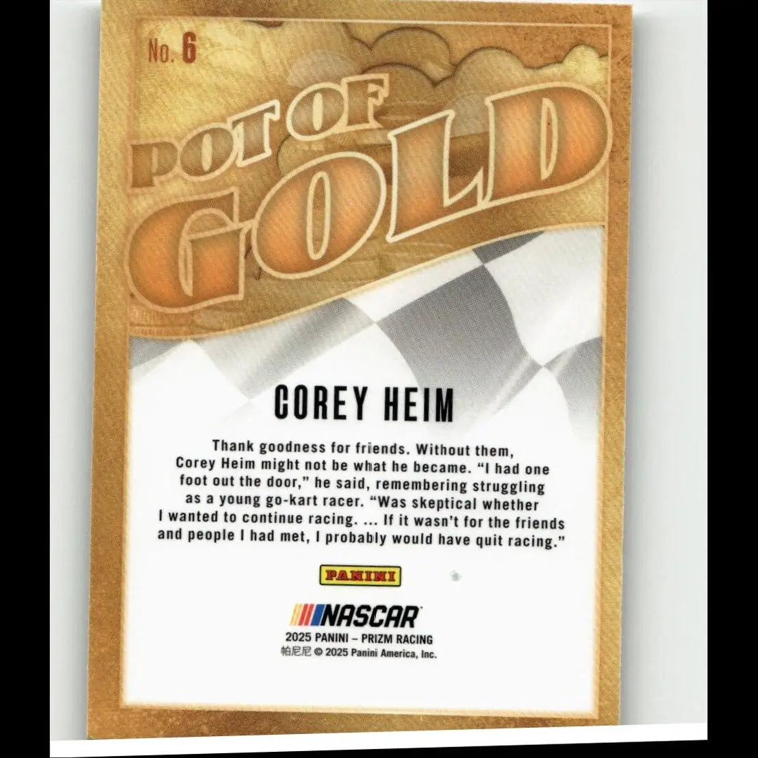 A gold-colored panini prizm 2025 pot of gold trading card featuring nascar driver corey heim front design