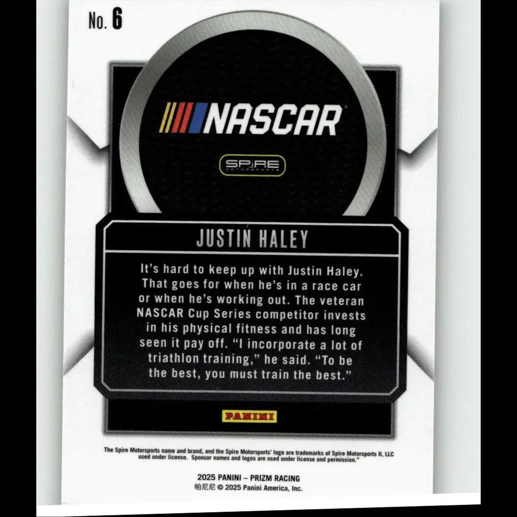 Nascar trading card featuring justin haley talisman with black and silver panini prizm design and official logo