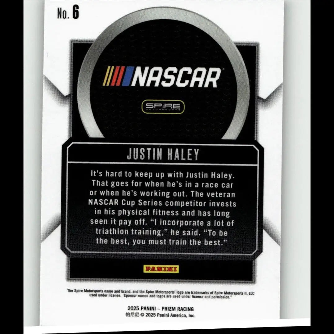 Nascar trading card featuring justin haley talisman with black and silver panini prizm design and official logo