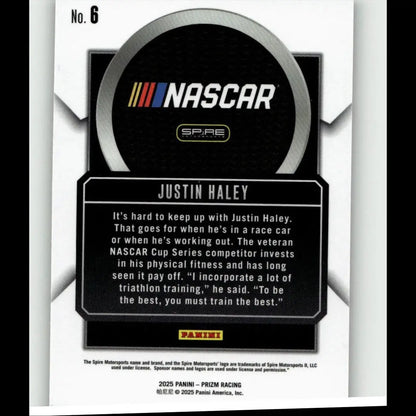 Nascar trading card featuring justin haley talisman with black and silver panini prizm design and official logo