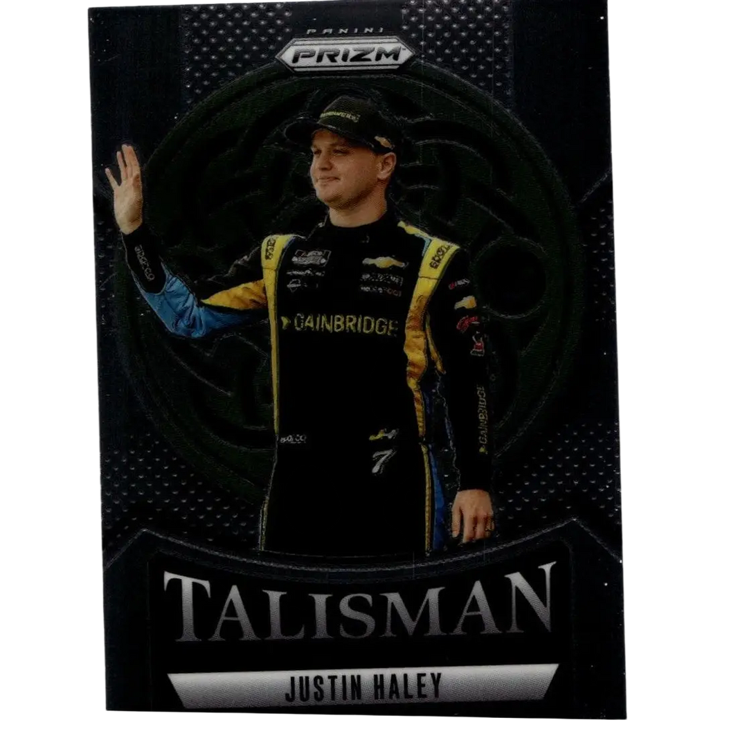 Black and yellow racing suit worn by justin haley with gainbridge logo in 2025 panini prizm #6 justin haley talisman